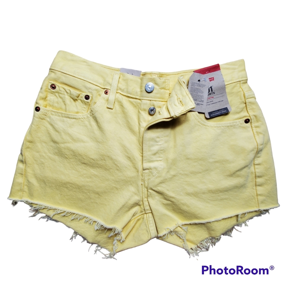 LEVIS 501 high rise raw cut cotton denim shorts yellow size 27 Nwt new